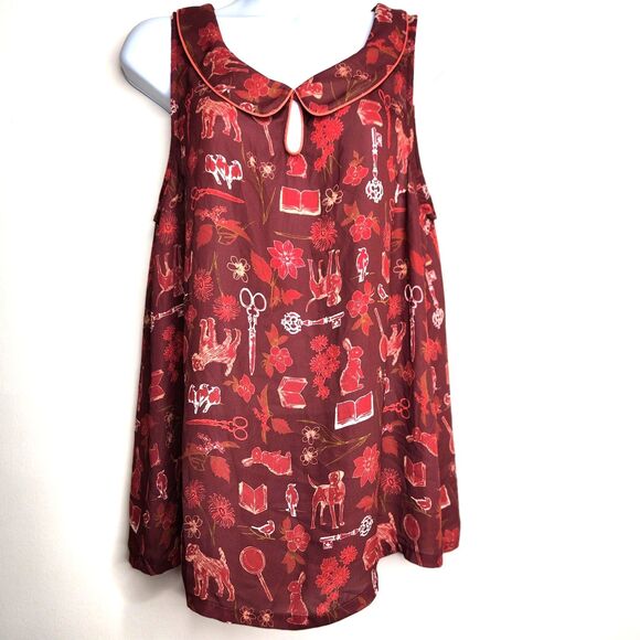 ModCloth Sleeveless Peter Pan Collar Top Sz. L Deep Red Dog Storybook Print - Picture 1 of 8